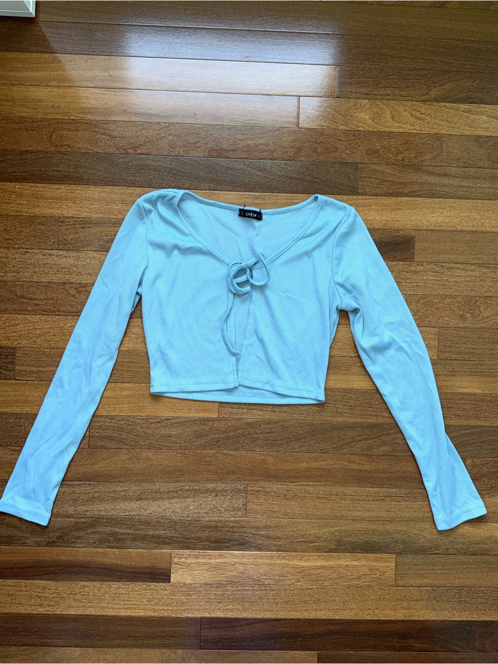 Light Blue Long-Sleeve Tie-Front Crop Top by SHEIN